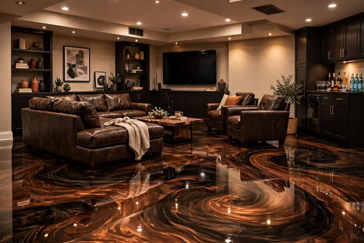 Copper metallic epoxy basement floor